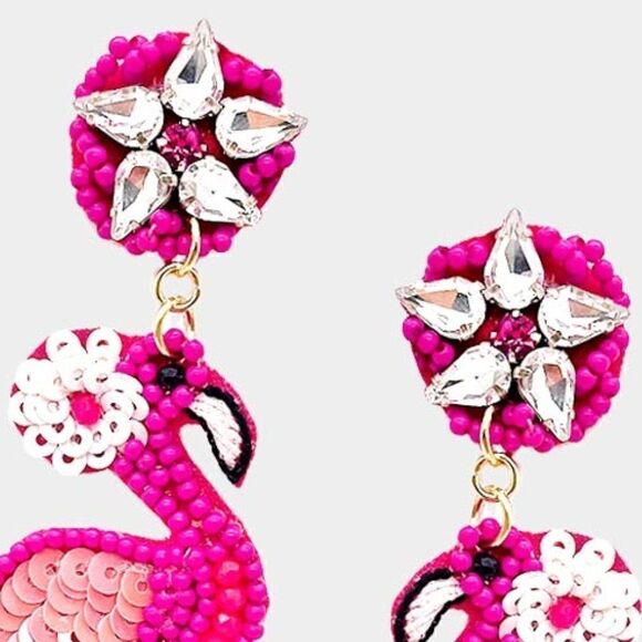 Flamingo Pink Seed Beaded Dangle Earrings - Picture 2 of 6